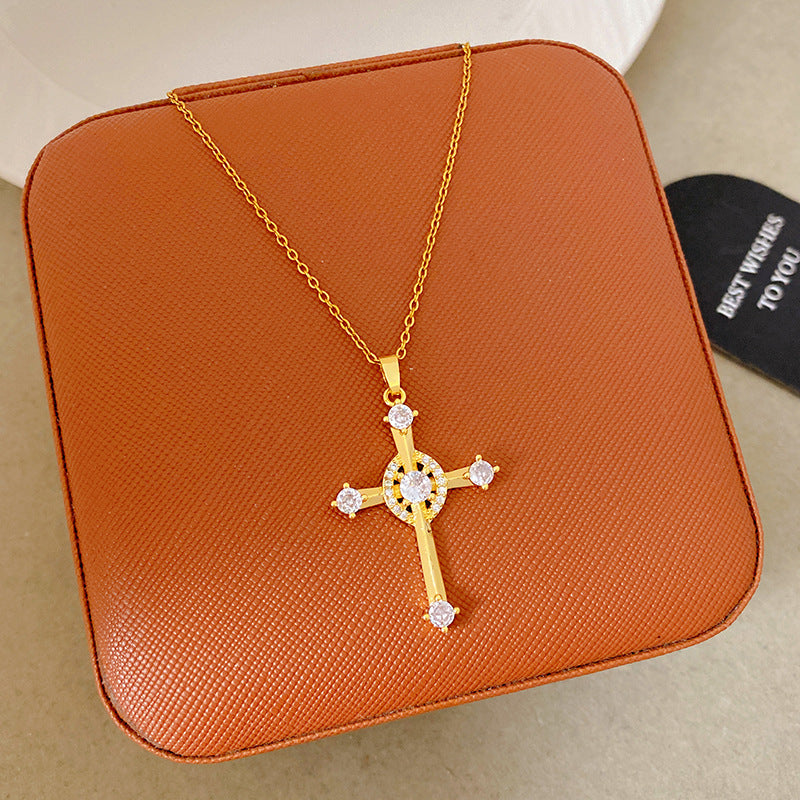 Sporty Sweet 18K Gold Plated Cross Titanium Steel Necklace with Cubic Zirconia for Women