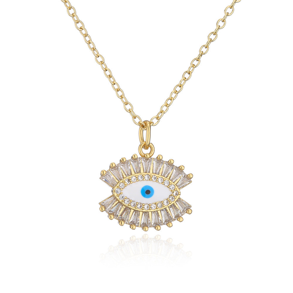 Minimalist Geometric Eye Pendant Necklace for Women with Copper Base and 18K Gold Plating, Enamel Finish and Zircon Inlay