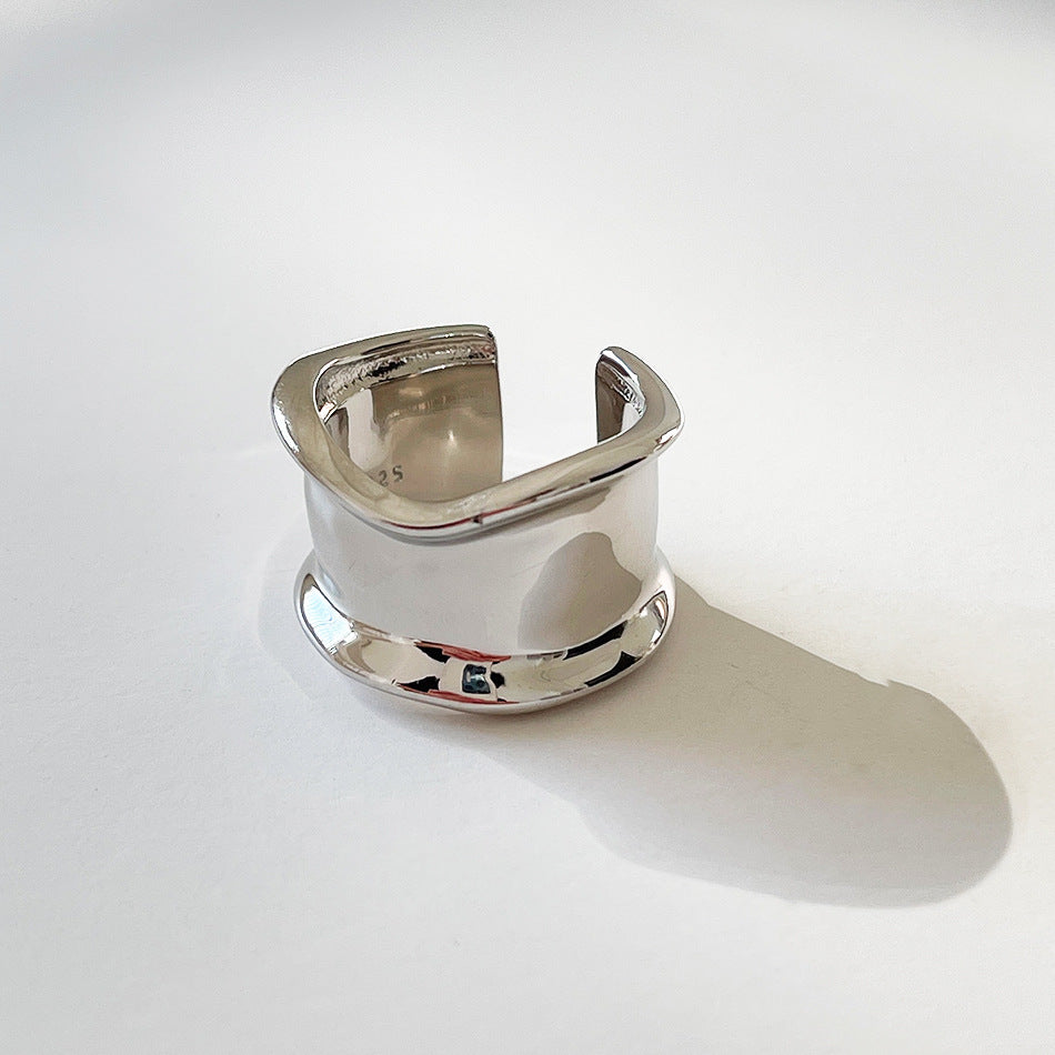 Minimalist 925 Sterling Silver Geometric Heart Wide Band Ring for Women