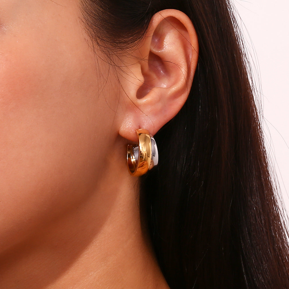 Fashion Minimalist Geometric Double Layer C-Shaped Hoop Earrings Stainless Steel 18K Gold Plated for Women