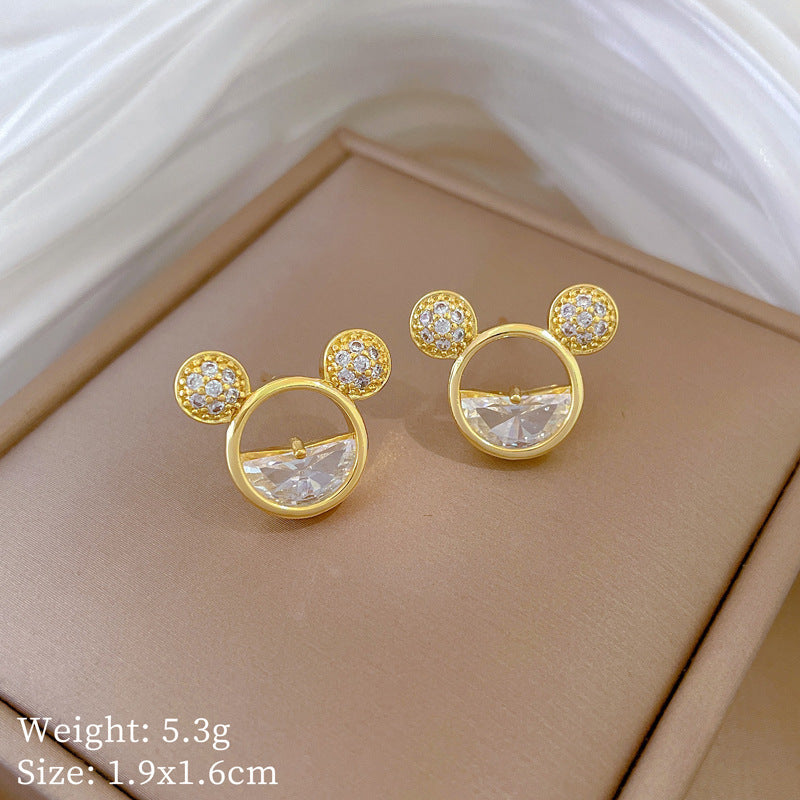 Minimalist Geometric Mouse Head Pendant Necklace and Earrings Set in Titanium Steel with Rhinestone Inlay and Plated Finish for Women