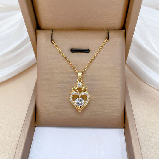 Elegant Hollow Crown Heart Pendant Necklace for Women Stainless Steel Delicate Clavicle Chain with Rhinestone Accents