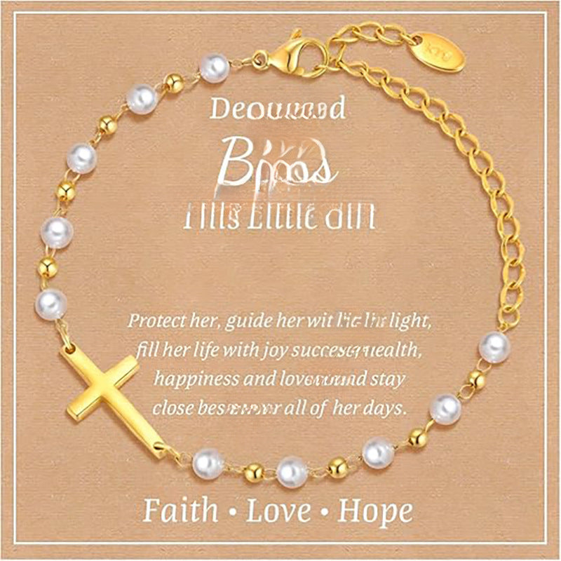 Luxury Elegant Gold Plated Cross Pearl Bracelet for Women