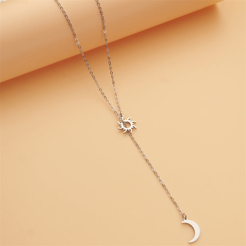 Minimalist Geometric Sun and Moon Pendant Necklace for Women in Stainless Steel with Titanium Steel Pendant and Plated Finish on O-Chain