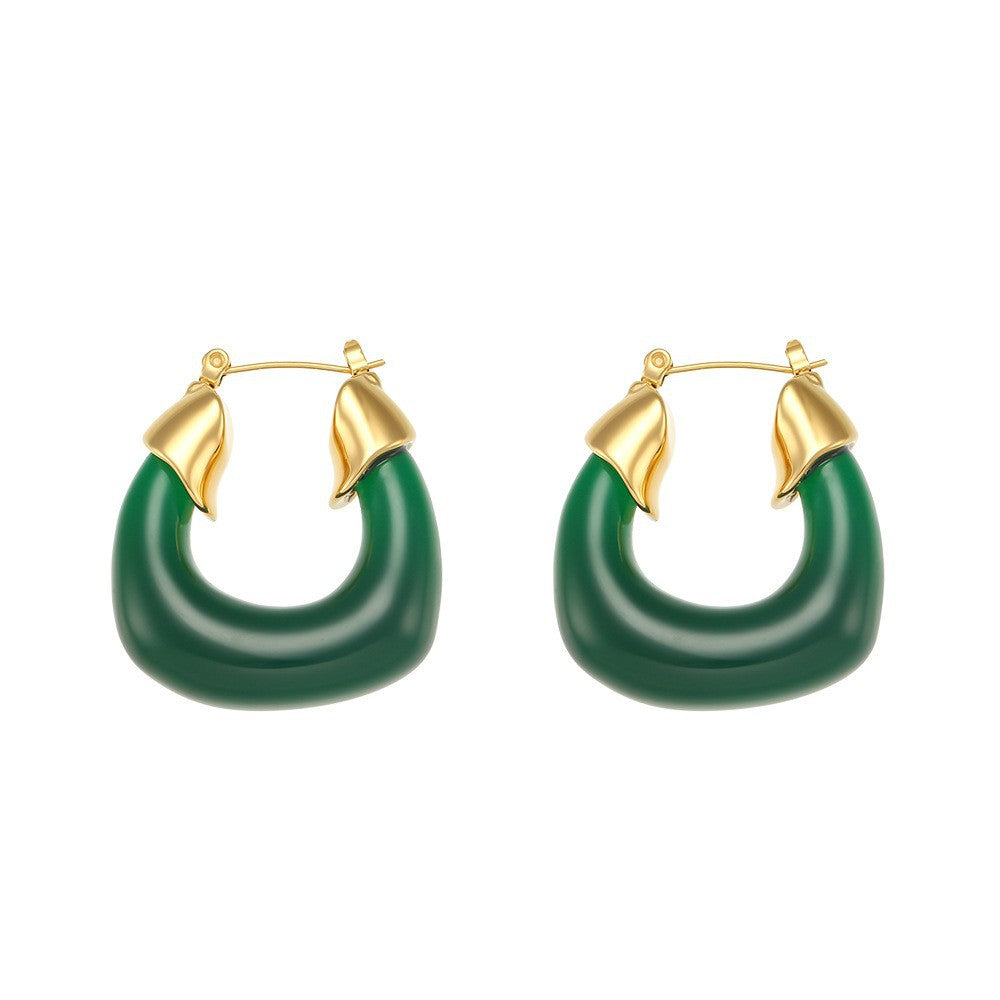 Orecchini a cerchio da donna in stile vintage con geometria a U in acciaio al titanio, placcati oro 18 carati e inserti in acrilico
