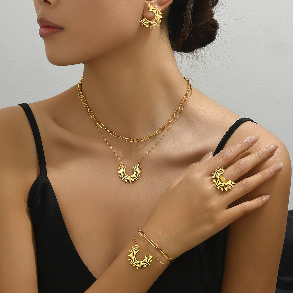 Encantador Juego de Joyas Minimalista de Girasol para Mujer, Bañado en Cobre, Pulsera, Pendientes, Collar y Anillo para el Dedo Índice