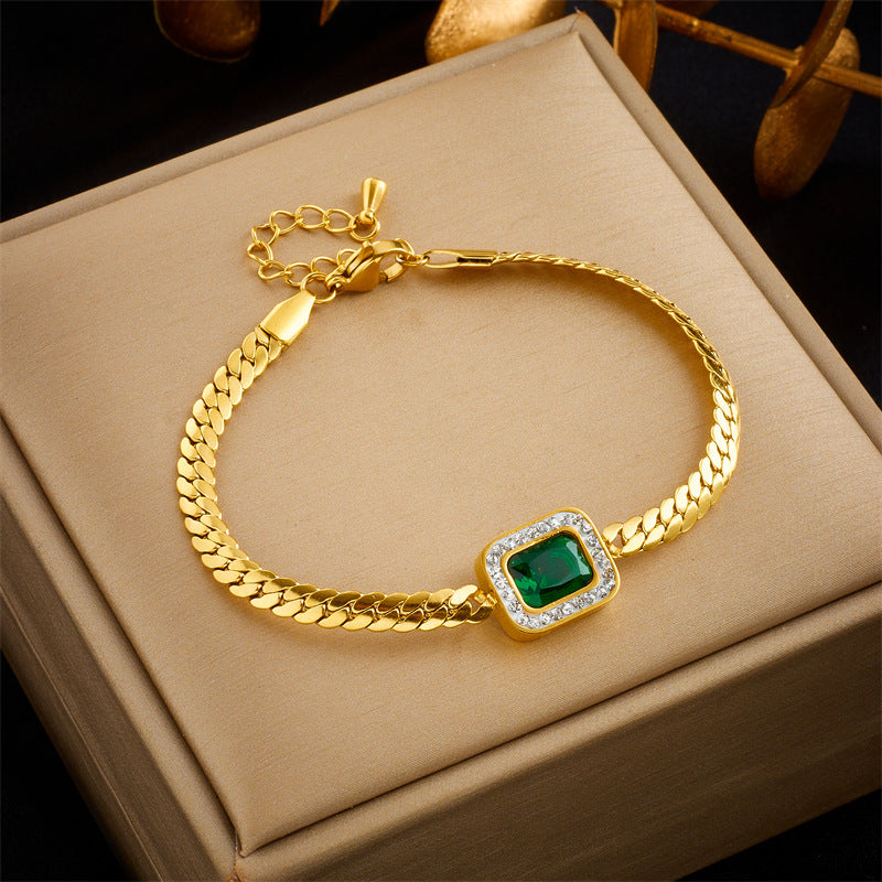 Fashionable Minimalist Emerald Green Square Zircon Pendant Necklace Set with Titanium Steel Snake Chain for Women