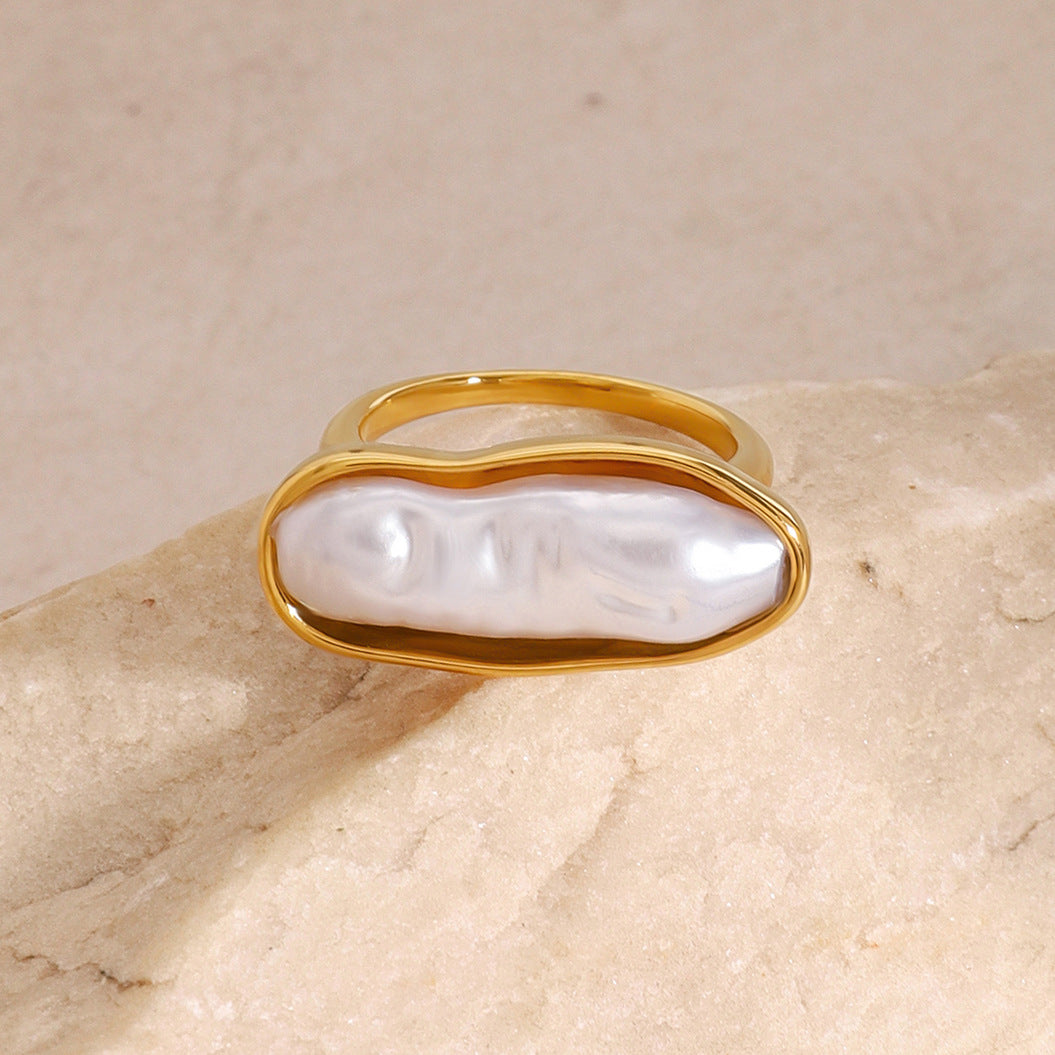Anello da donna minimalista geometrico in acciaio inossidabile con intarsio di perle, fascia di lusso galvanizzata