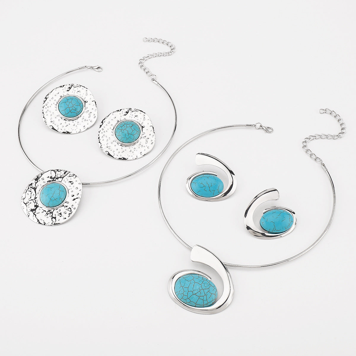Set Collana con Pendente Turchese Geometrico Bohemien con Orecchini Gioielli in Ferro Galvanizzato