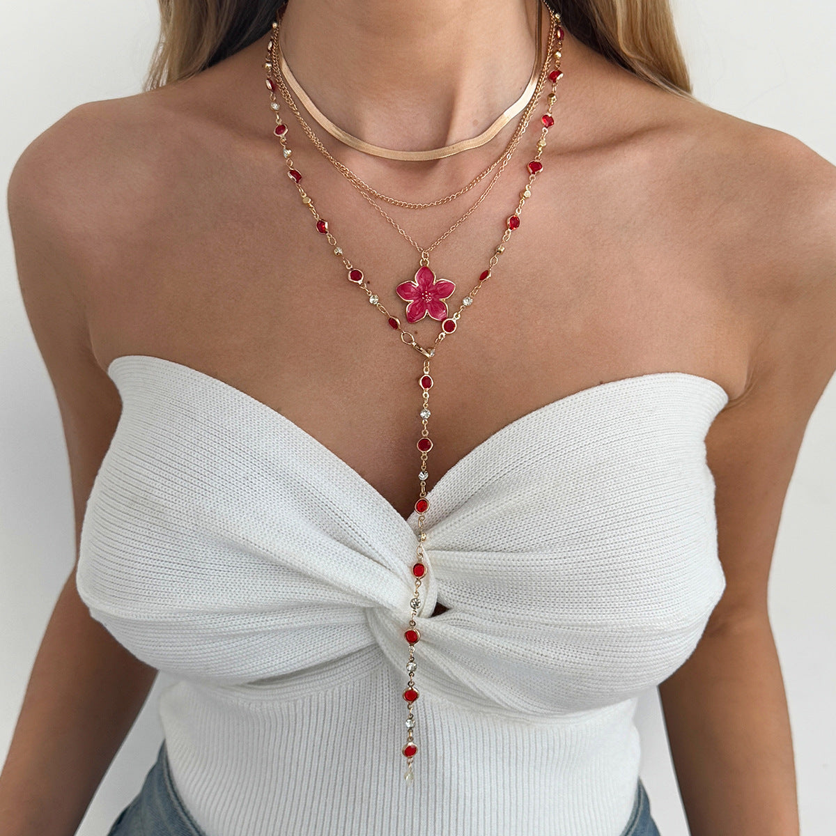 Sweet Floral Drip Oil Plated Brass Zinc Alloy Pendant Crystal Chain Necklace