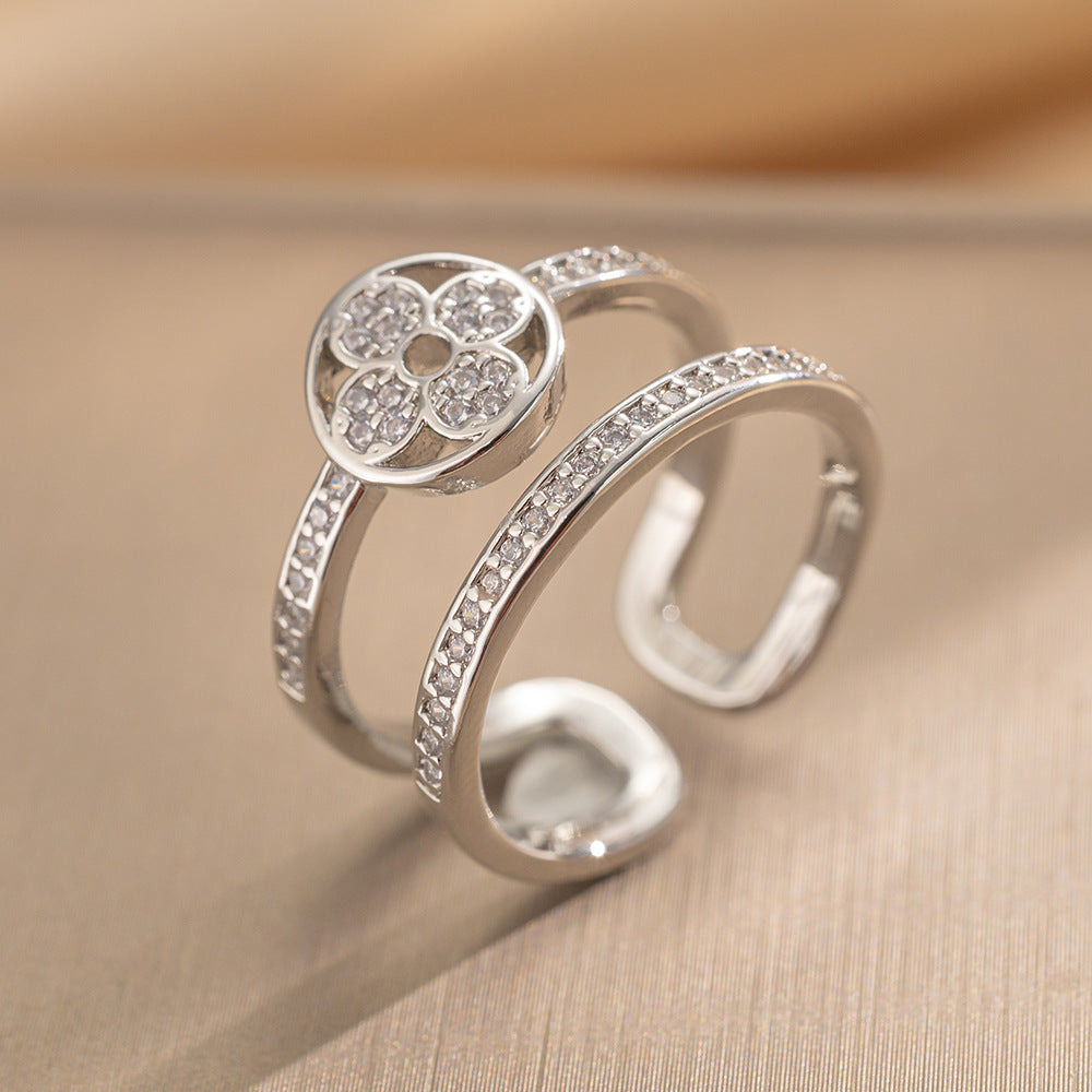 Luxury Minimalist Adjustable Open Ring for Women with Gold-Plated Copper Band and Zircon Stone Accent in Heart and Floral Shape