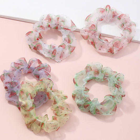 Fresh Sweet Watermelon Print Tulle Hair Tie with French Chic Style Bow for Girls and Children