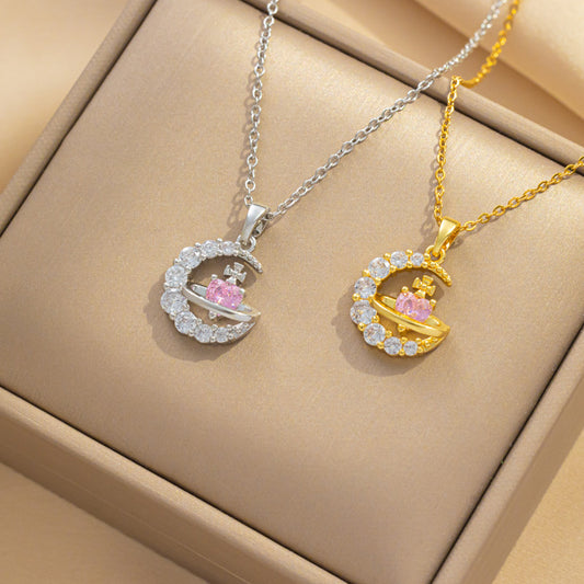 Minimalist Geometric Heart Titanium Steel Necklace with Rhinestone Inlay PVD Plated Cable Chain for Women