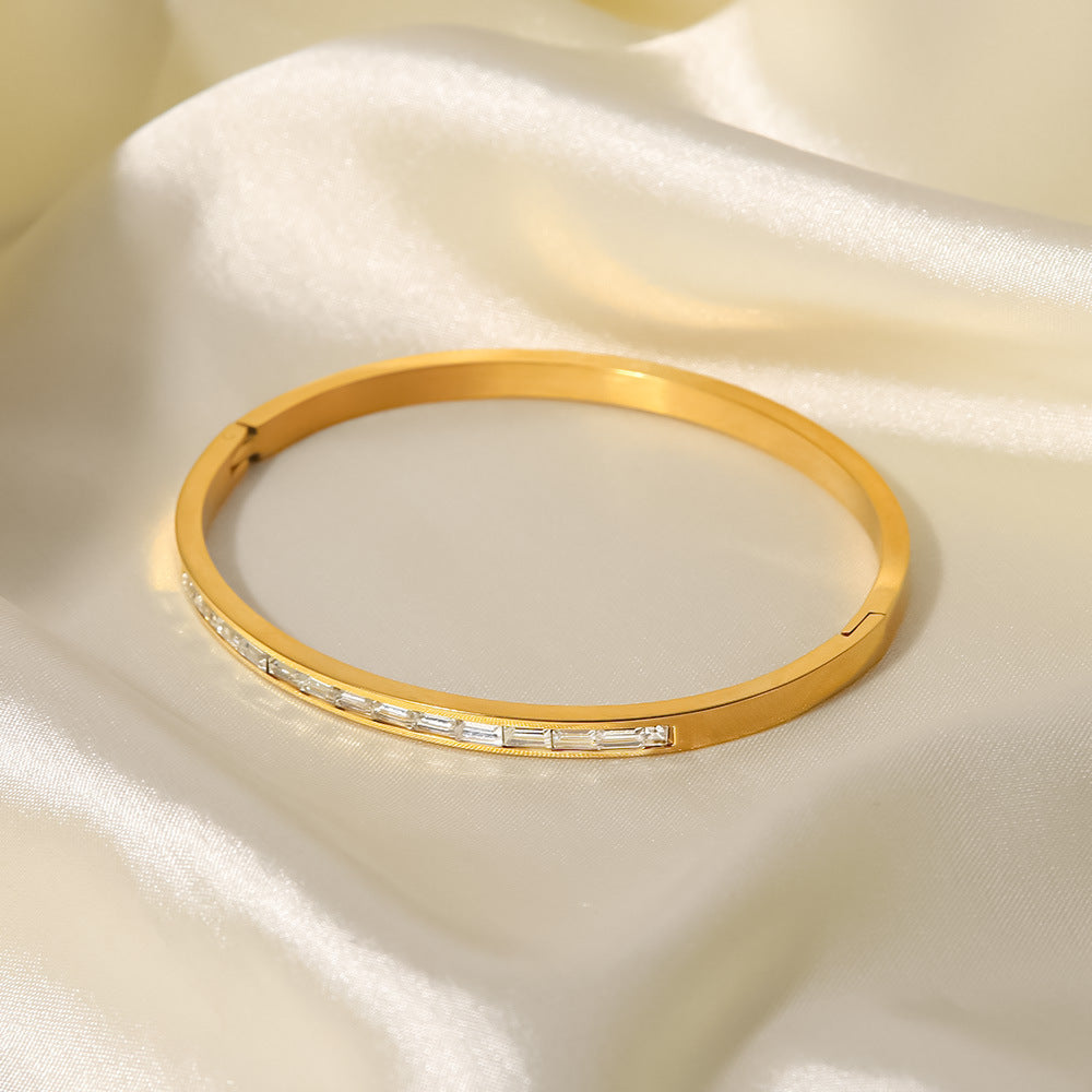 Minimalist Geometric Stainless Steel Bracelet for Women with 18K Gold Plating and White Square Zircon Inlay