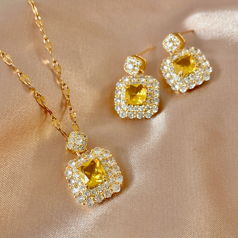 Sweet Minimalist Micro-set Cubic Zirconia Square Geometric Titanium Steel Pendant Necklace Earring Set
