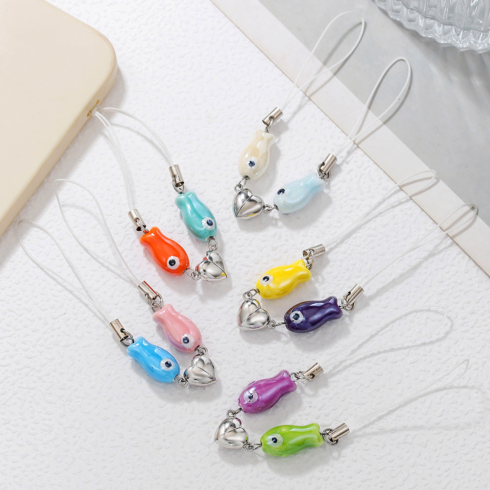 Sweet Minimalist Ceramic Fish Marine Life Metal Charm Keychain Phone Strap