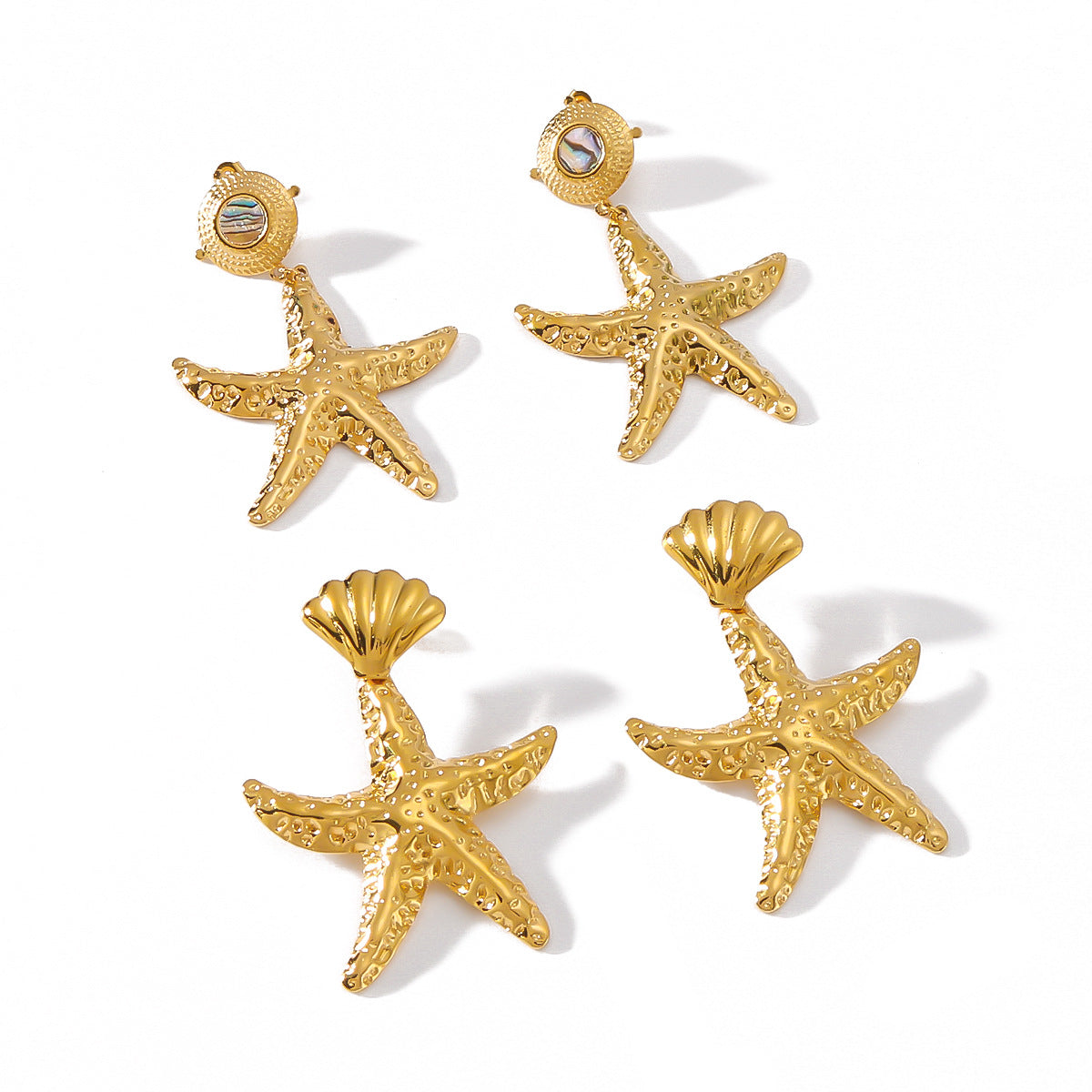Minimalist Ocean-Inspired Stainless Steel Gold-Plated Star and Asymmetrical Shell Earrings for Women