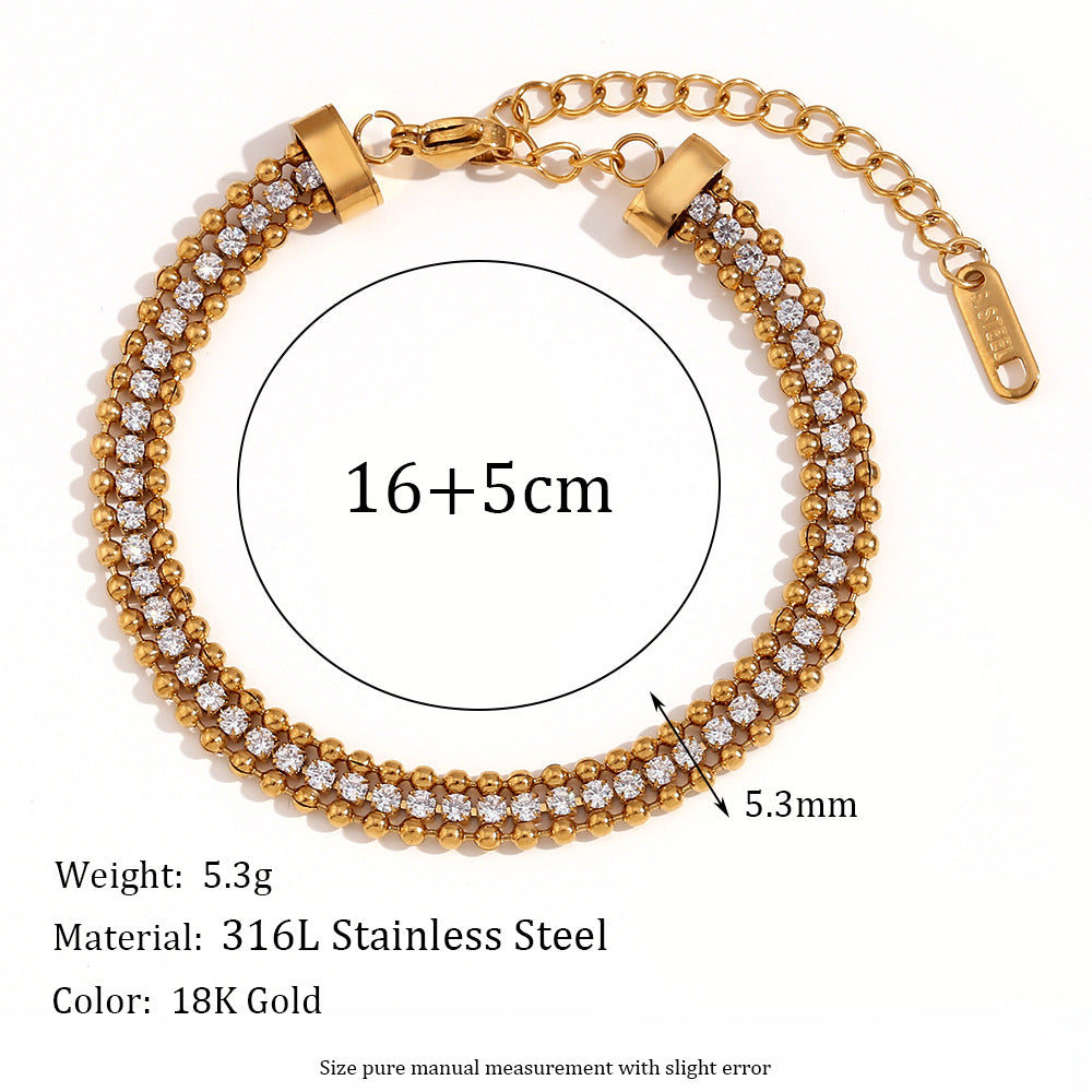 Fashionable Geometric Stainless Steel Plated 18K Gold Triple Twisted Beaded Zirconia Bracelet for Women