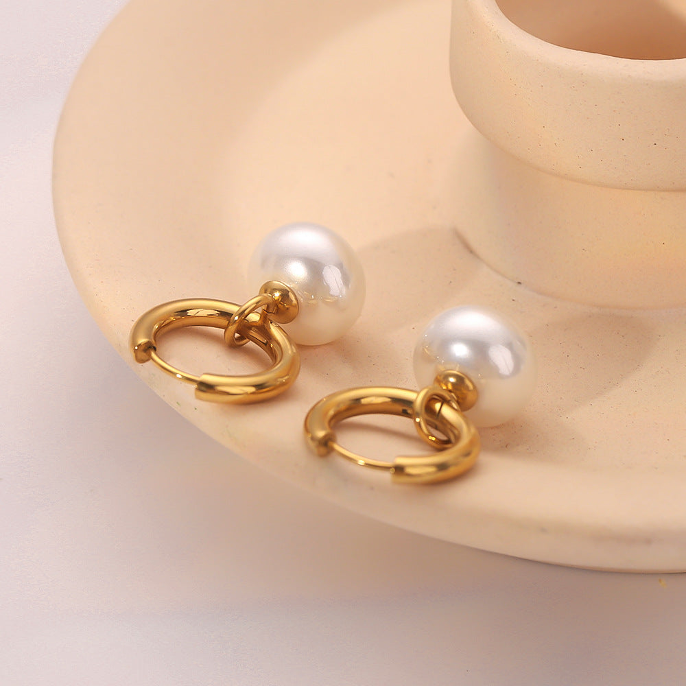Romantic French Vintage Pearl Pendant Earrings for Women in Stainless Steel with 18K Gold Plating and Geometric Design