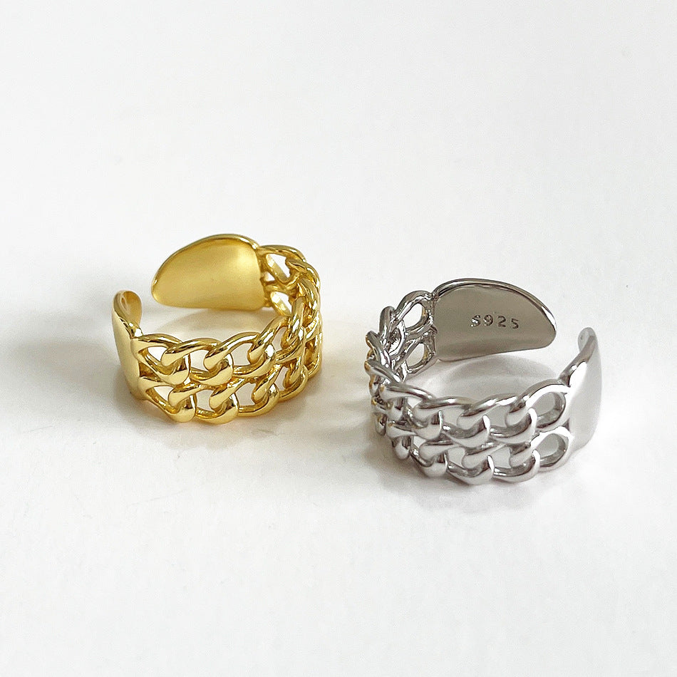 Anello da donna minimalista con intarsio a cuore in argento sterling 925 e design a doppia catena di chiusura