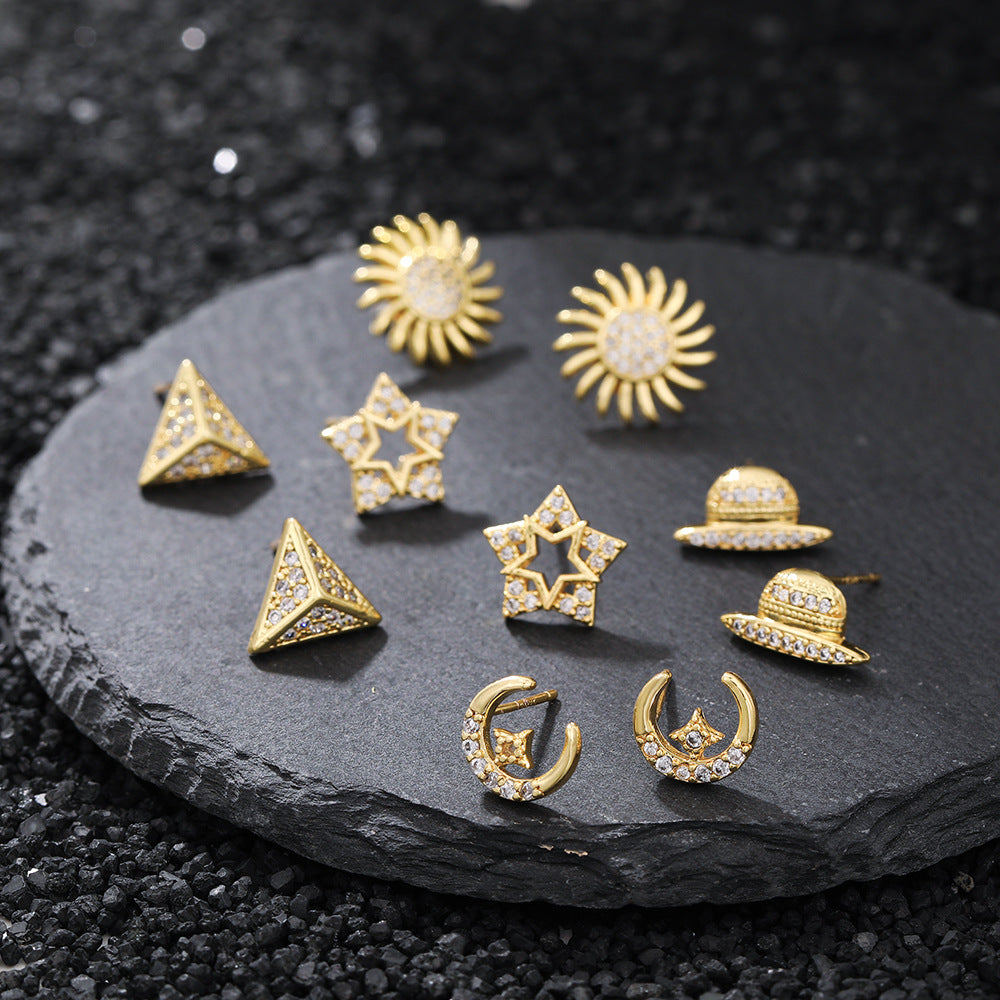 Geometric Triangle Star Moon Brass Cubic Zirconia Plated Stud Earrings for Women