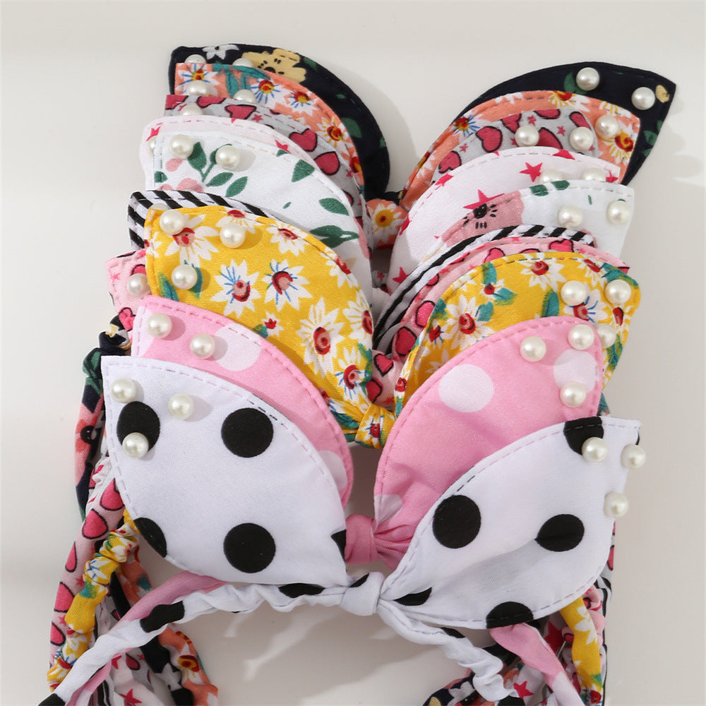 Cute Bow-Knot Rabbit Ear Headband for Kids with Pearl Accents in Fabric Material, Handmade Floral-Inspired Hair Accessory Set
