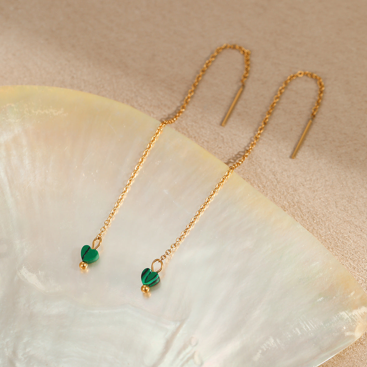 Minimalist Geometric Malachite Heart Stainless Steel Long Dangle Earrings with 18K Gold Plating