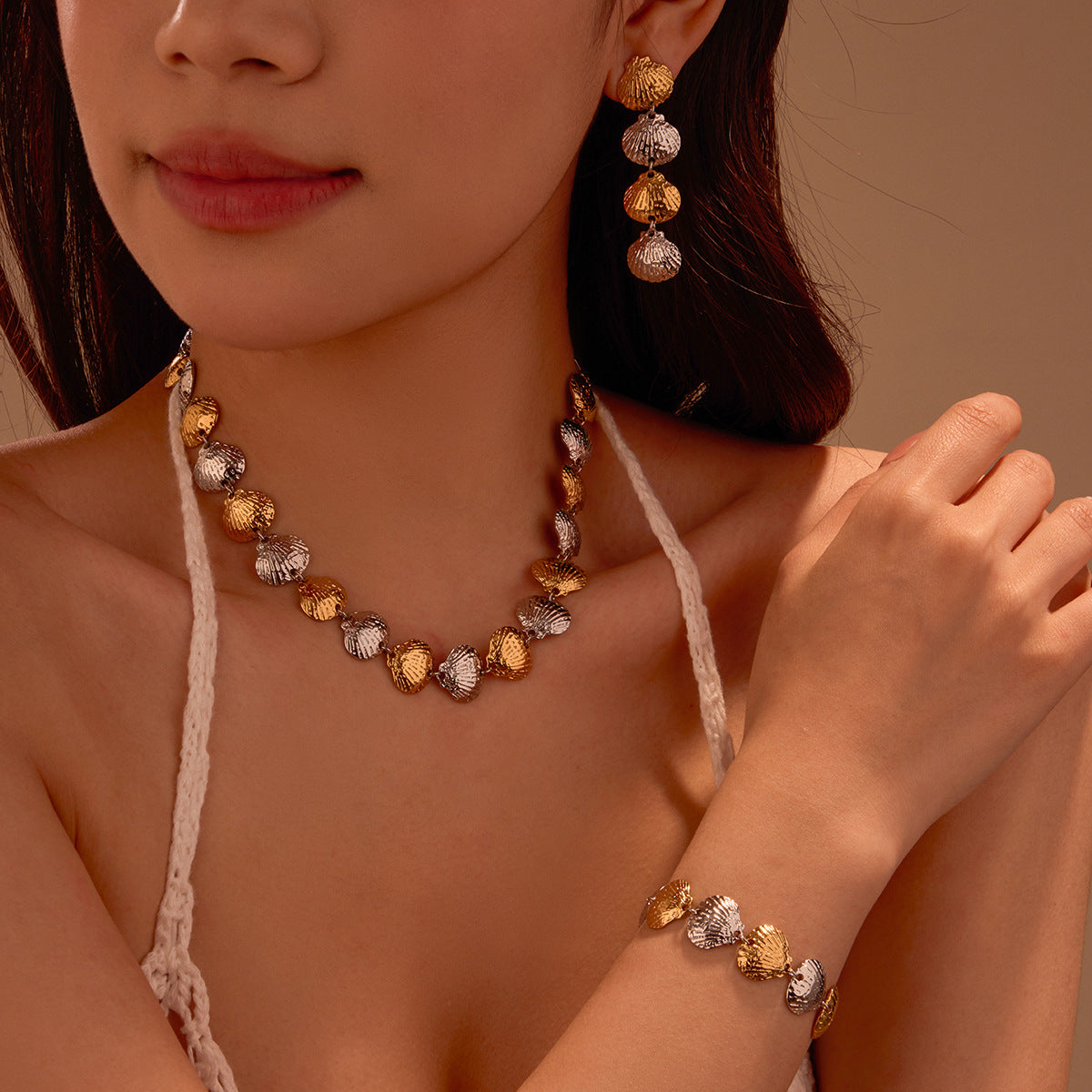 Set collana geometrica a conchiglia da donna in acciaio inossidabile placcato oro 18 carati, per vacanze estive al mare