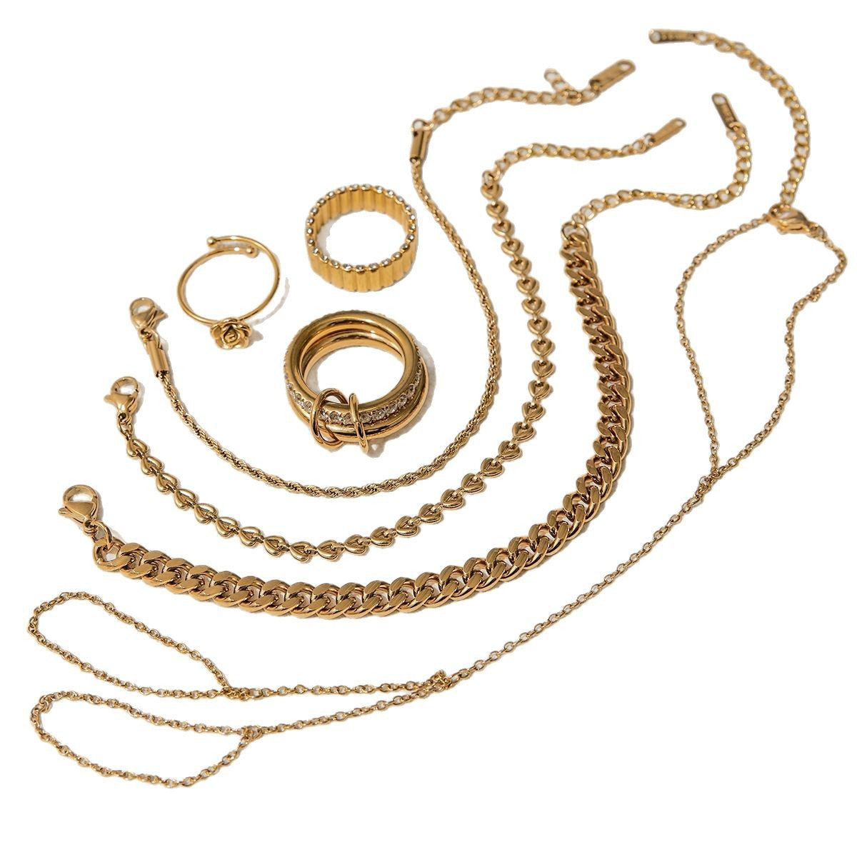 Elegant Minimalist 18K Gold Plated Titanium Steel Geometric Line Bracelet and Ring Set with Cubic Zirconia for Women