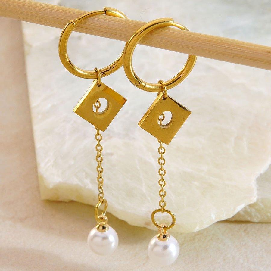 Orecchini pendenti da donna eleganti e dolci con perle, placcati in acciaio inossidabile, con forme geometriche e floreali