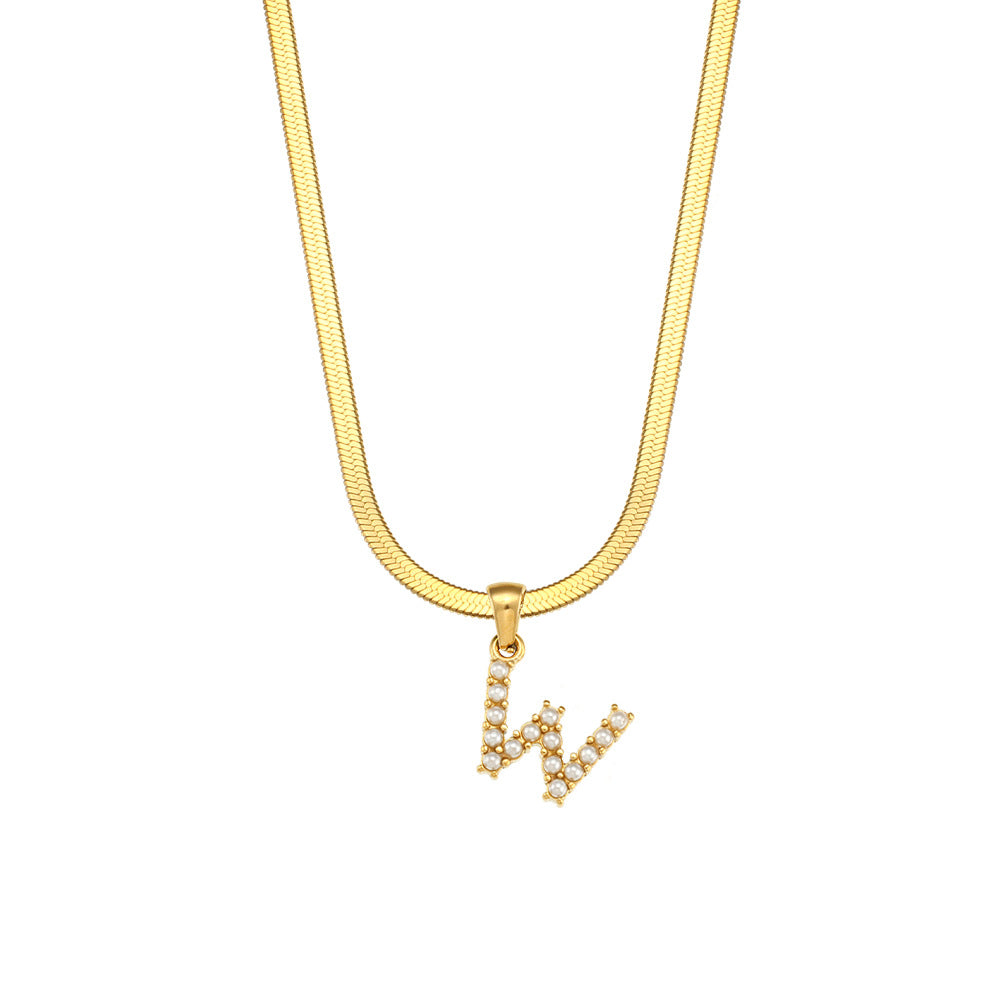Fashionable Letter Pendant Necklace for Women Stainless Steel Plated 18K Gold Flat Snake Chain with Pearl Accent