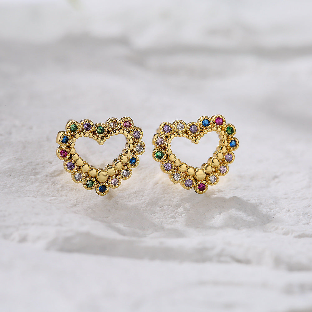 Minimalist Heart-Shaped Copper Earrings with 18K Gold Plating and Micro-Pave Zirconia for Women