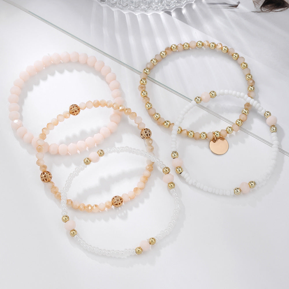 Bohemian Minimalist Geometric Round Glass Bead Alloy Multi-Layer Stretch Bracelet Set for Women