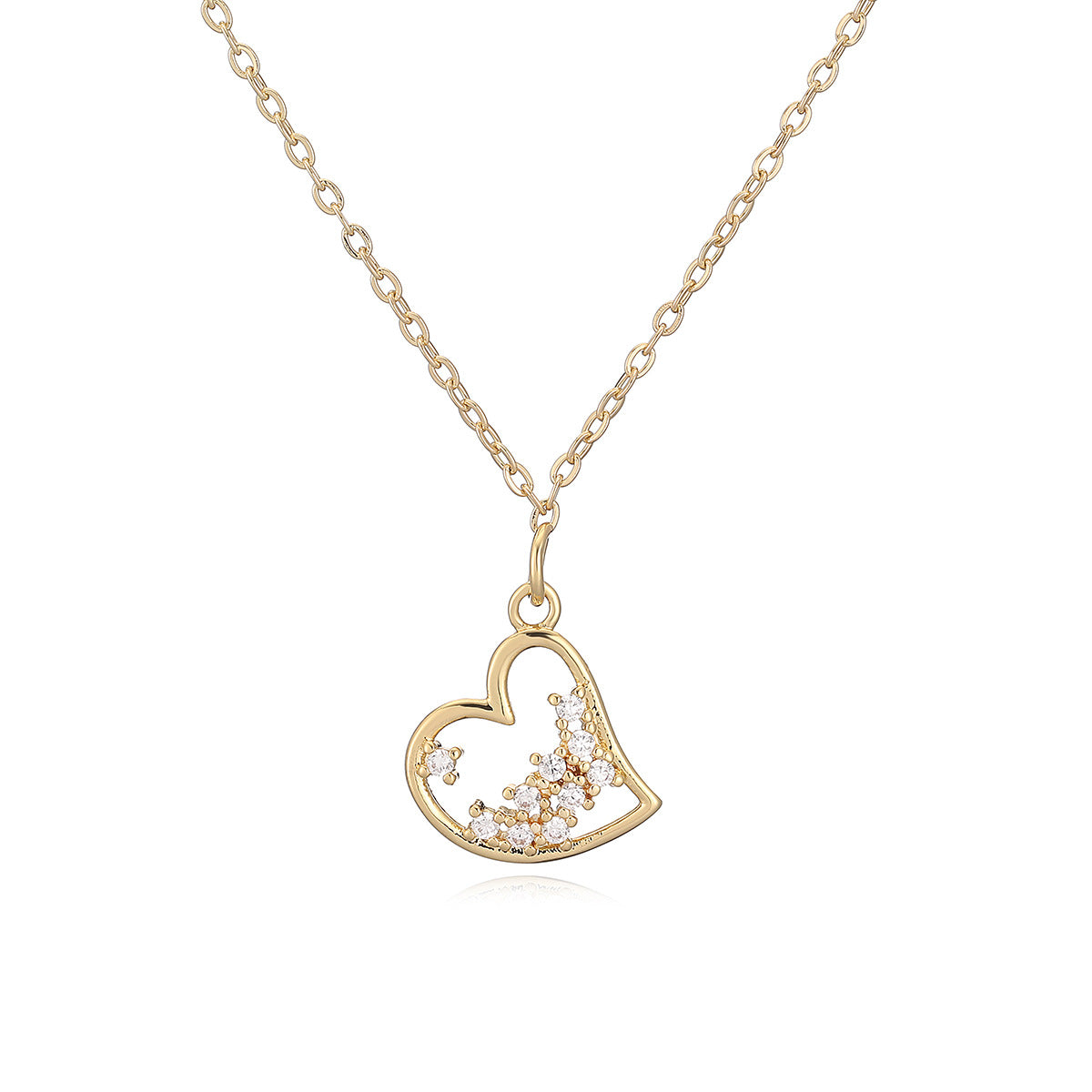 Minimalist 18K Gold Plated Brass Heart Pendant Necklace with Cubic Zirconia for Women