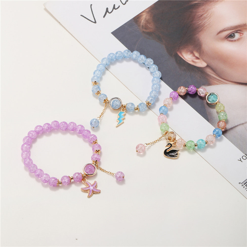 Sweet Natural Round Glass Beaded Bracelet with Drip Oil Starfish Shell Swan Charms and Crackle Texture