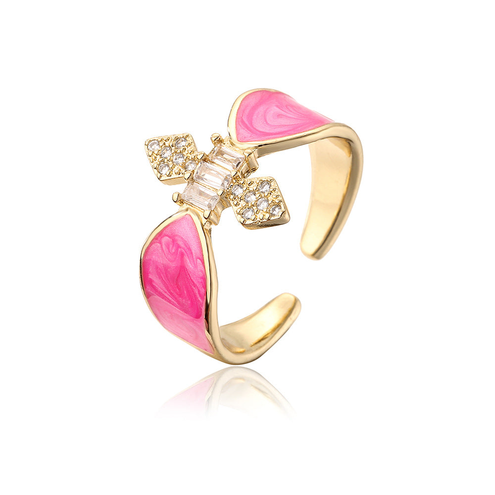 INS Style Geometric Open Ring for Women Made of Copper with 18K Gold Plating Micro-Pave Zirconia and Enamel Finish
