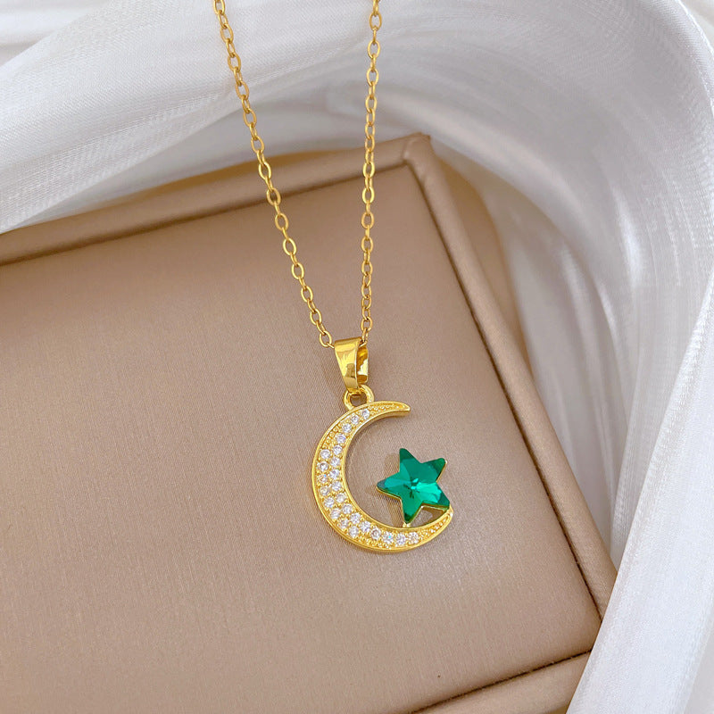 Sweet Elegant Star Moon Geometric Rhinestone Titanium Steel Necklace for Unisex