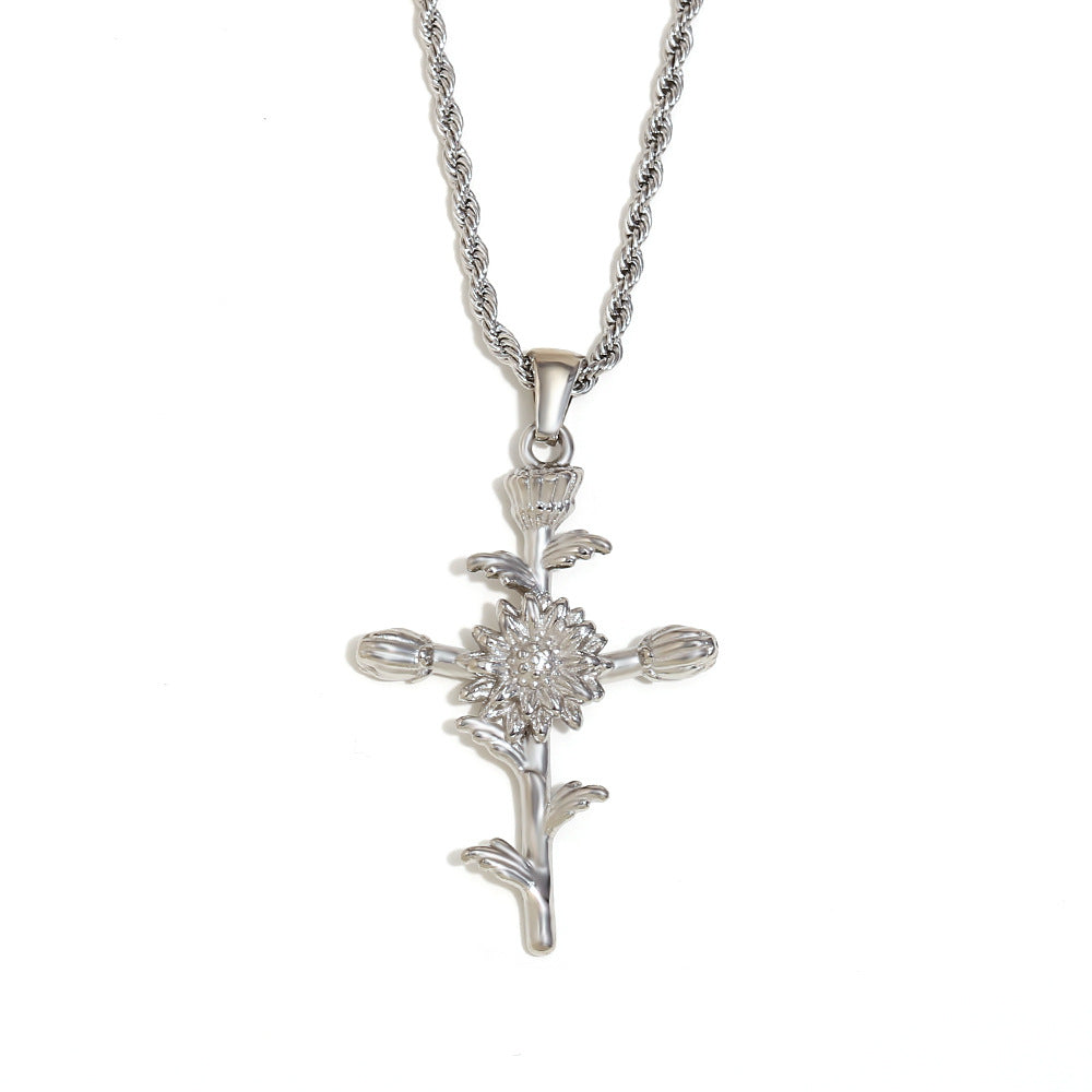 Vintage French-Style Floral Pendant Necklace in Stainless Steel with 18K Gold Plating for Women