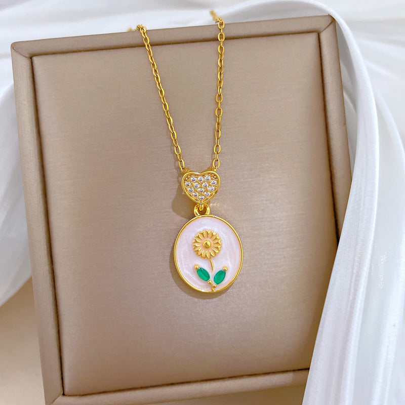 Sweet Elegant Heart Geometric Floral Drip Oil Rhinestone Titanium Steel Necklace for Unisex