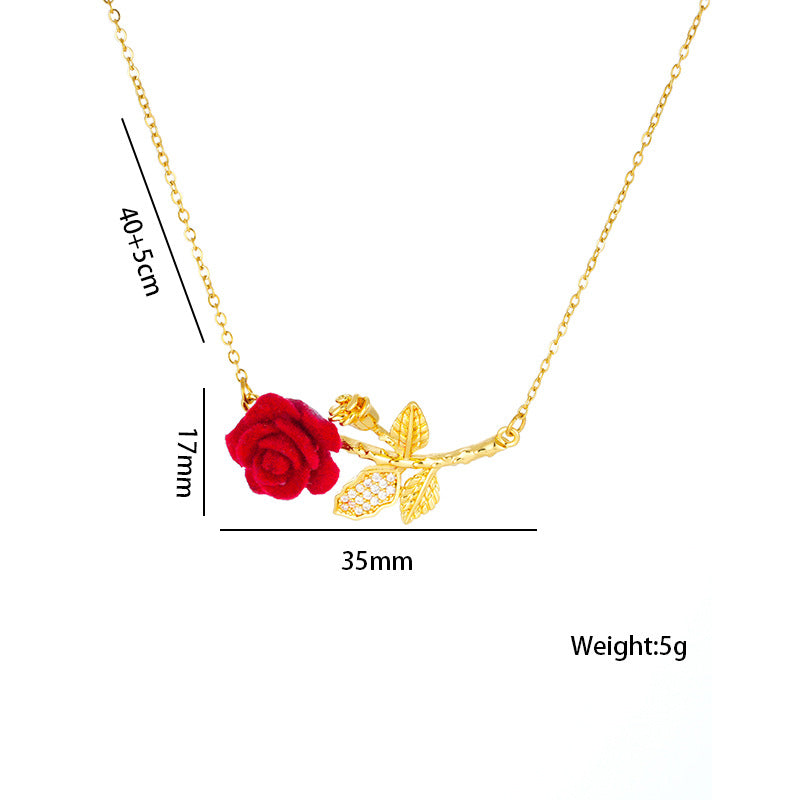 Romantic French-Style Red Rose Flower Pendant Necklace for Women in Titanium Steel with Rhinestone Inlay on O-Chain