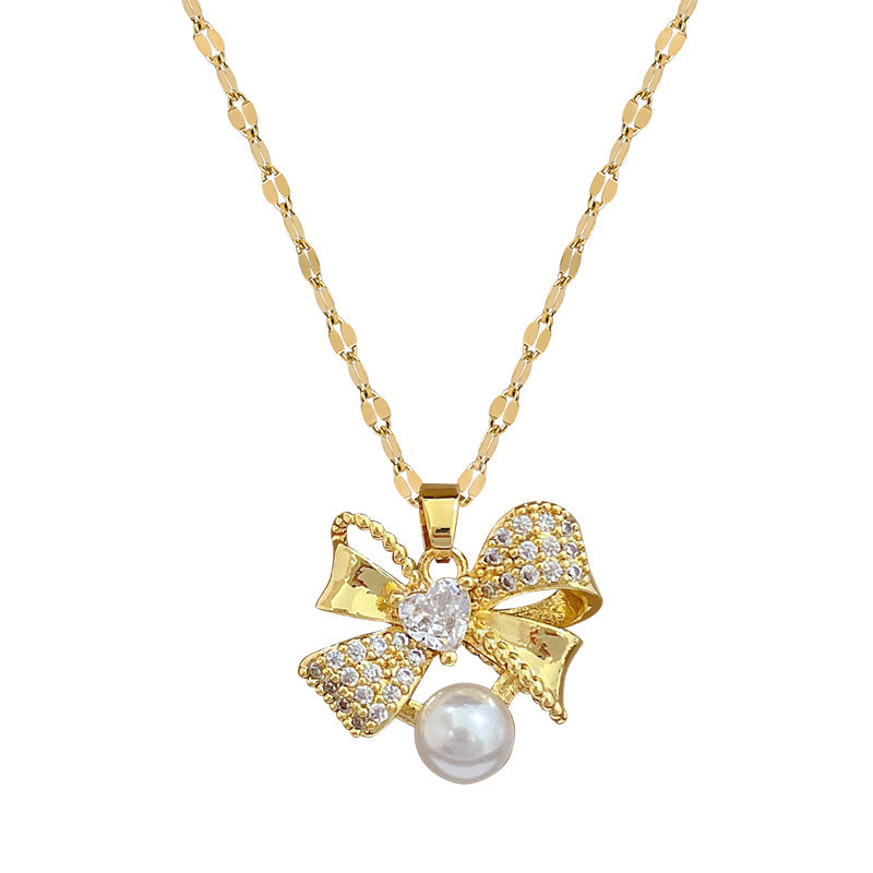 Juego de collar y pendientes de mariposa de acero de titanio de lujo con incrustaciones de diamantes de imitación para mujer, joyería elegante de noche inspirada en perlas
