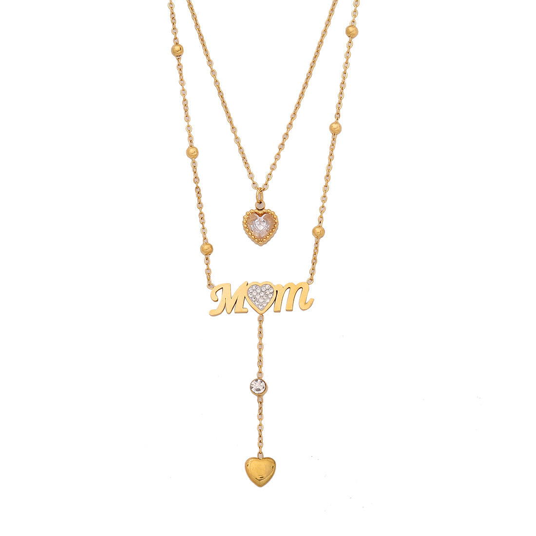 Fashionable Heart-Shaped Stainless Steel Double-Layer Pendant Necklace with Tassel and Plated Finish for Women