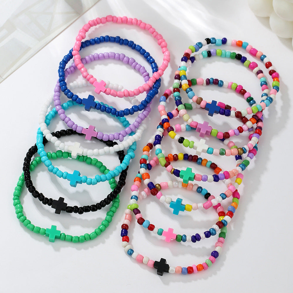 Minimalist Colorful Seed Bead Polymer Clay Cross Bracelet Handmade Multi-Layer Stackable