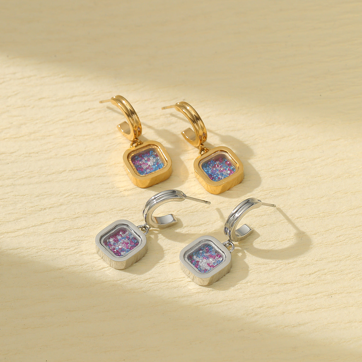 Minimalist Geometric Square Stainless Steel Earrings for Women with Rhinestone Inlay and Plated Finish