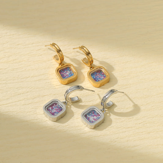 Minimalist Geometric Square Stainless Steel Earrings for Women with Rhinestone Inlay and Plated Finish