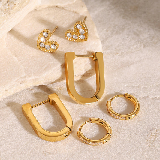 Pendientes de acero inoxidable en forma de U minimalistas con incrustaciones de circonita para mujer