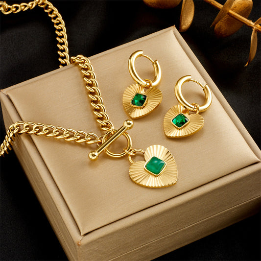 Set collana e orecchini in acciaio al titanio con ciondolo a cuore in zirconi smeraldo, stile francese vintage, placcato, da donna