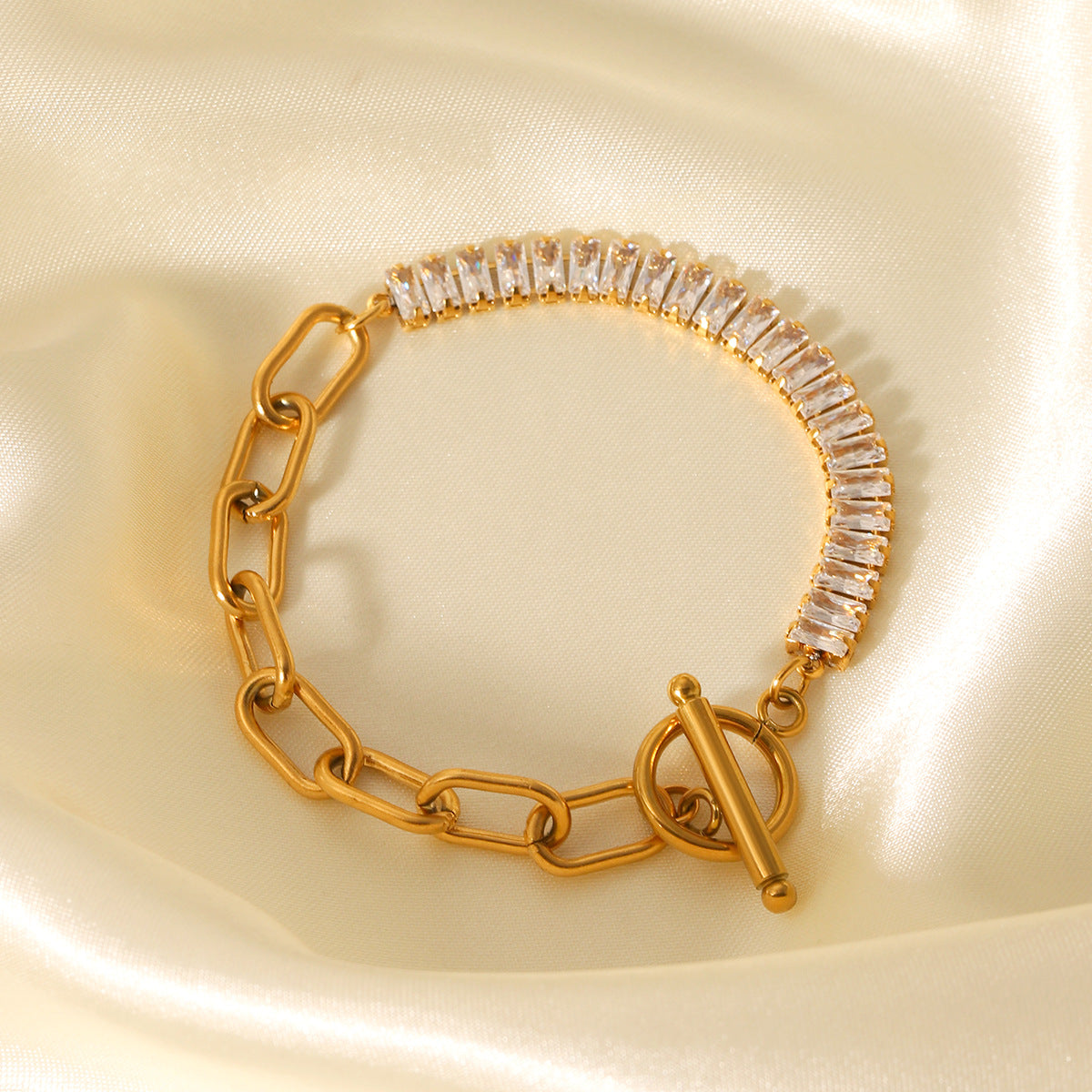 INS Style Geometric Stainless Steel Cross Link Bracelet with Zircon Inlay for Women Titanium Steel Fashion Bracelet