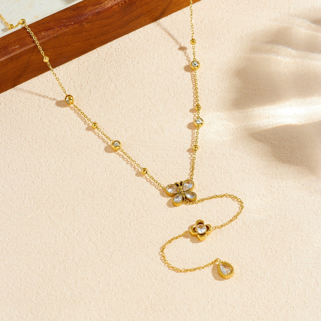 Elegant Gold Plated Stainless Steel Butterfly Rose Teardrop Pendant Necklace with Rhinestones for Women