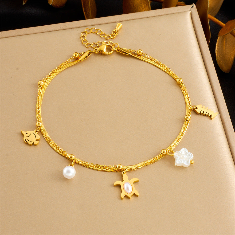 Minimalist Bohemian Gold Plated Stainless Steel Animal Starfish Shell Pendant Anklet for Women